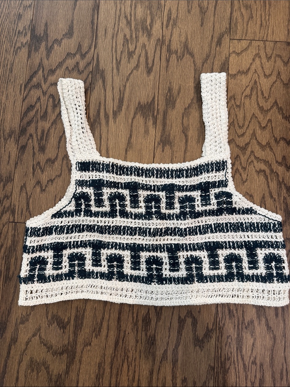 SHEIN Cream Crochet Crop Top with Navy Blue Geometric Stripes
